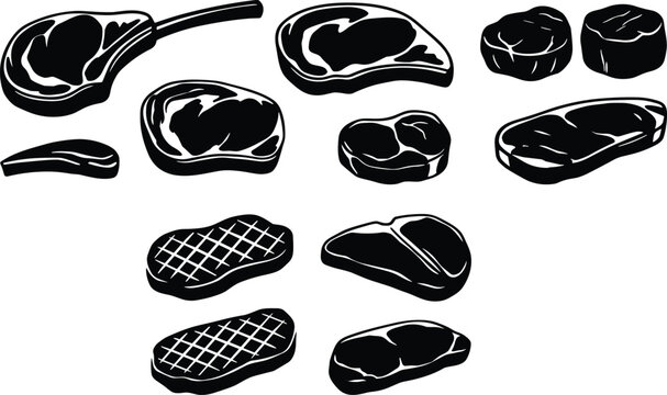 Steak and meat cuts silhouette set with beef chops and grilled steaks, monochrome vector illustration collection