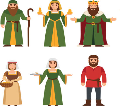 Medieval characters and village elements collection with king queen knight peasant and castle house, historical fantasy set, flat vector illustration isolated on light background