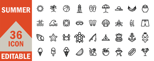 Summer vacation line icons set beach travel and leisure graphics © Niranjanart