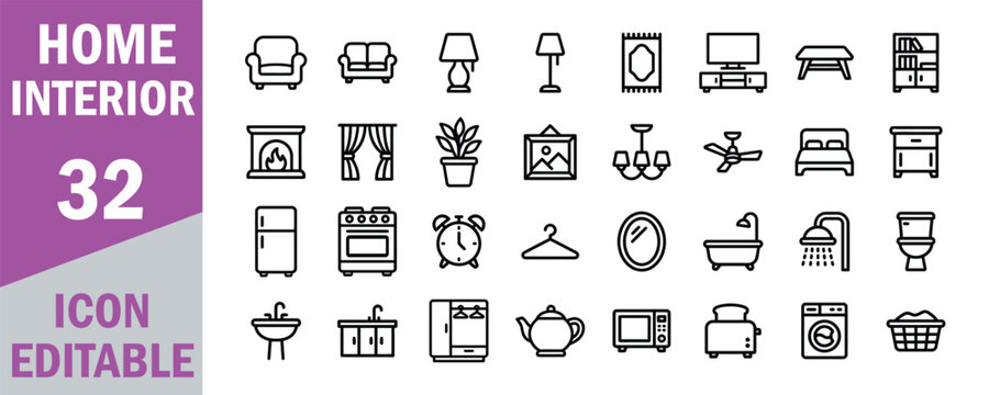 Home interior icons set 32 editable symbols for design
