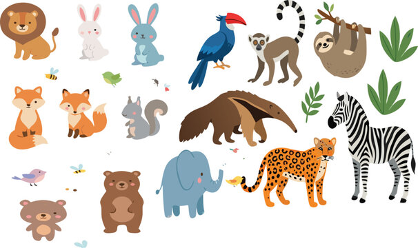 Tropical animals and plants vector set with toucan lemur sloth anteater zebra leopard and jungle leaves illustration