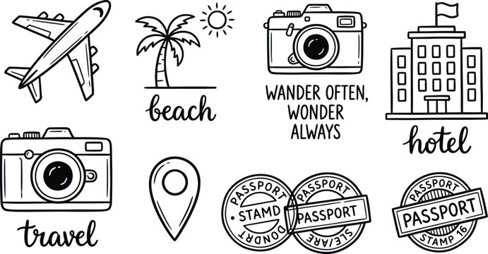 Travel Vacation Vector Icons Set with Airplane Camera Beach and Hotel Symbols