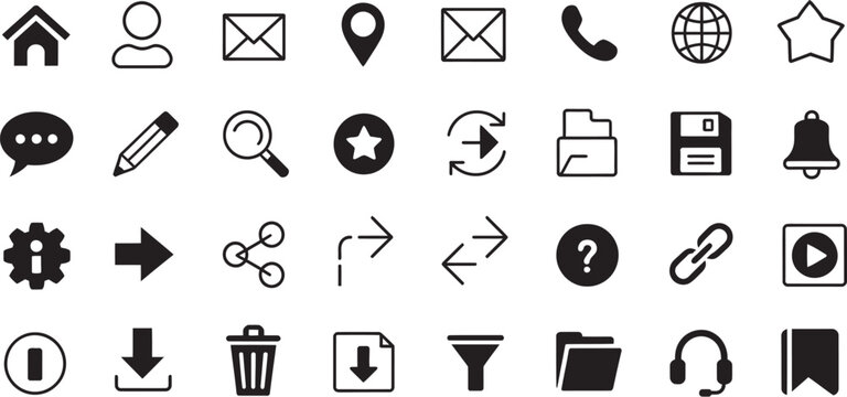 Website, icon set for computer, web, and mobile apps featuring browser, homepage, and web page symbols in clean modern vector style ideal for UI/UX design systems and digital platforms.