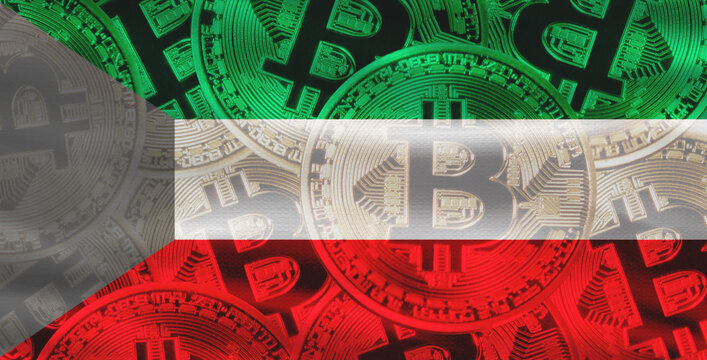 kuwaiti flag with Bitcoins in the background. Bitcoin cryptocurrency with kuwait flag, Investors in Blockchain Technology