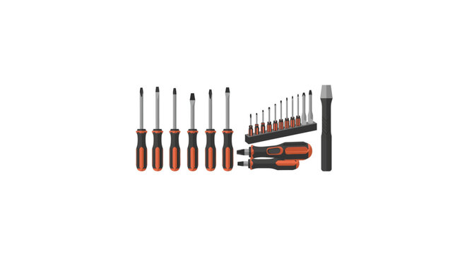 A set of orange and black screwdrivers arranged on a white background with various bits and tools.