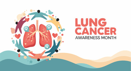 Fototapeta premium Lung cancer awareness month illustration with orange lungs and colorful design elements in vibrant bold lighting for health campaign