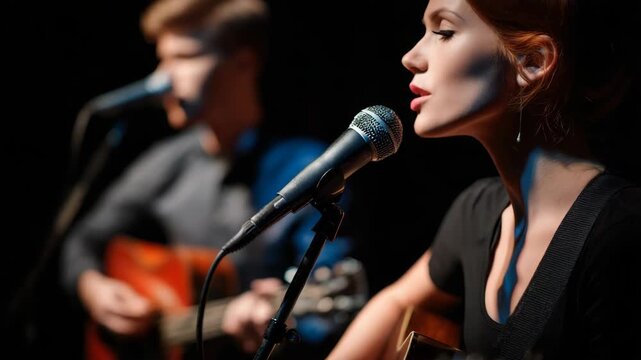 Woman singing and man playing acoustic guitar on stage