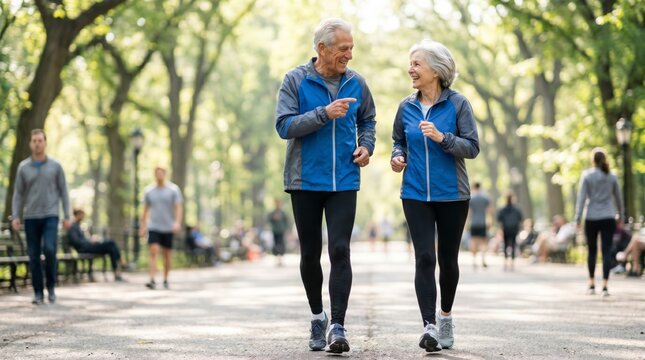 Senior couple jogging together in tree lined park pathway
