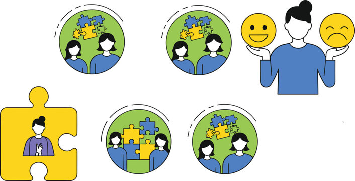 Autism awareness vector set with puzzle pieces emotions and people icons, mental health support and neurodiversity concept illustration collection