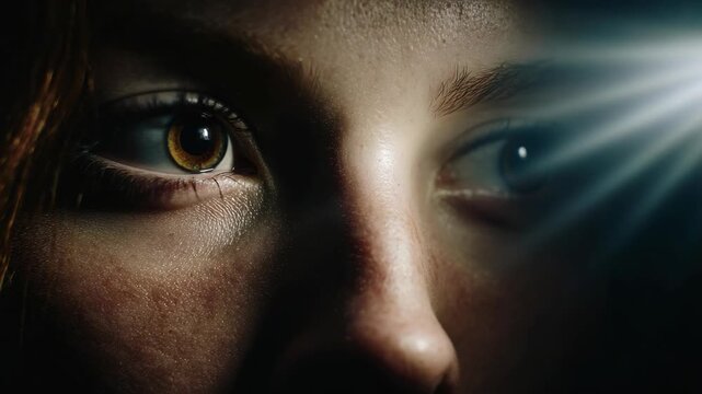Close up of woman blinking in dramatic light
