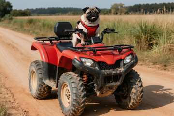 Fototapeta premium Pug dog wears red vest rides on red quad bike on dirt road. Dog sits on ATV off road with field background. Animal enjoys outdoor adventure trip, summer vacation, fun.