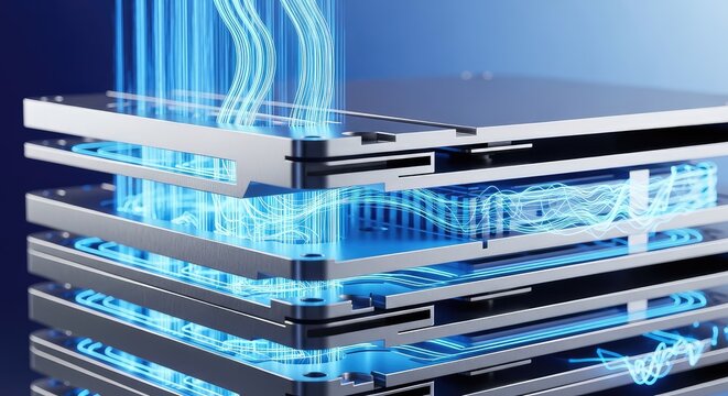 Close-up of a sleek metallic hydrogen fuel cell stack with glowing blue energy lines, symbolizing green innovation and clean power technology, future, renewable, climate
