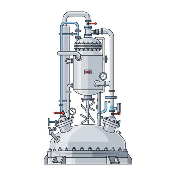 Detailed illustration of a complex industrial chemical reactor and distillation unit with pipes and gauges.