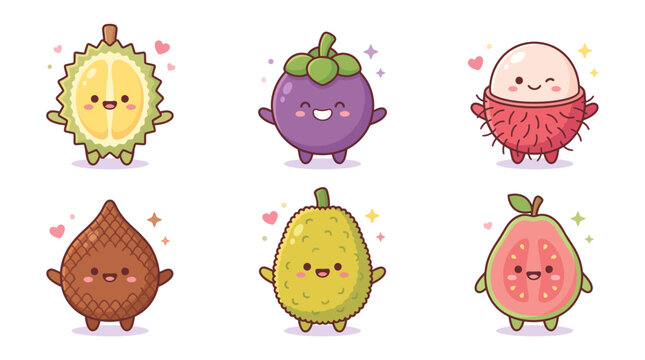 Cute Kawaii Tropical Fruit Characters Durian Mangosteen Rambutan Vector Set