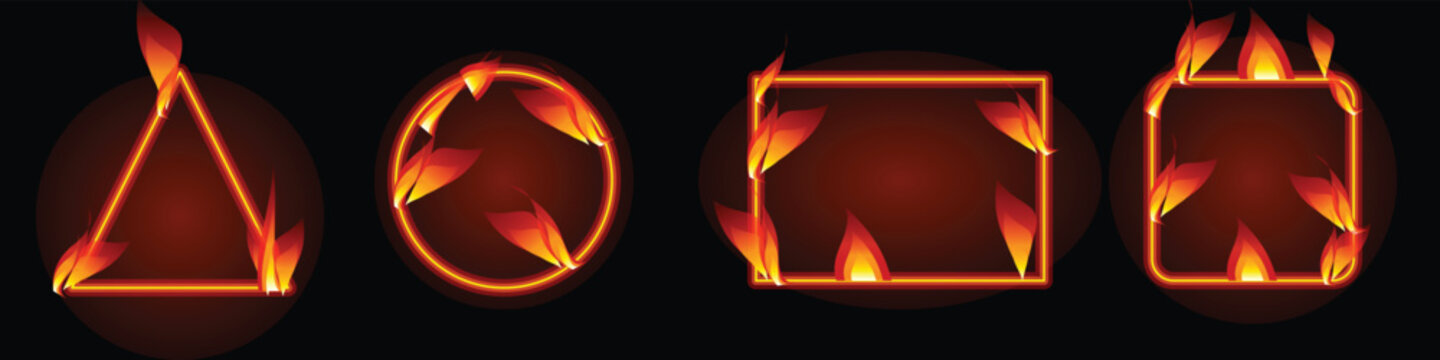 Set of burning fire frames with realistic flames in geometric shapes including triangle circle and rectangle on dark black background