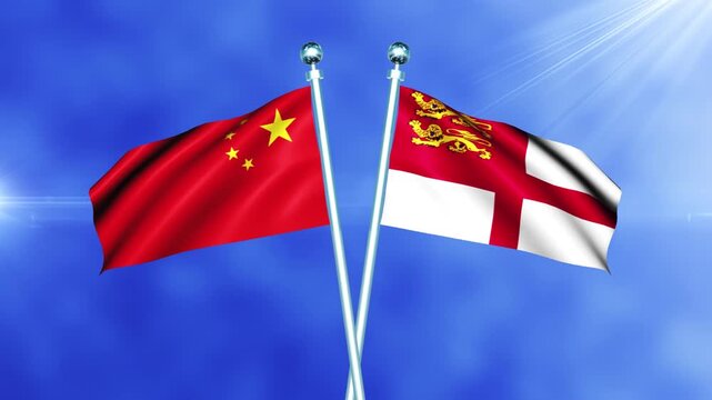 China and Sark Flag Waving On Pole Loop