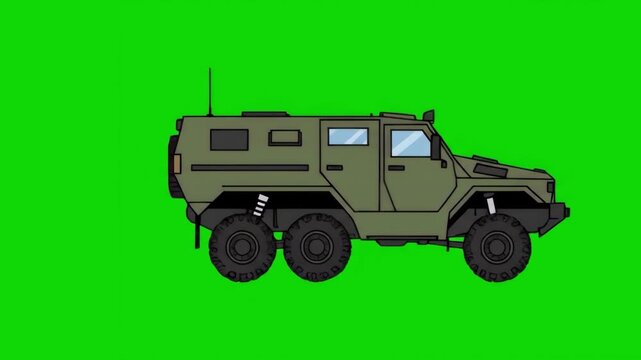 A green military armored personnel carrier driving or parked against a solid green background. This 2D vector animation asset is designed for side-scroller game development, defense videos, or tactica