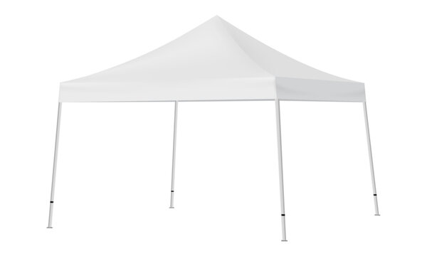 Canopy tent mockup isolated on white background, side view. Vector template for outdoor branding and event advertising presentation