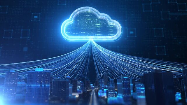 Technology building cloud computing, city data connection cloud, glow digital cloud icon emits streams of data that connect to a futuristic cityscape, set against a dark blue, tech-inspired backdrop.