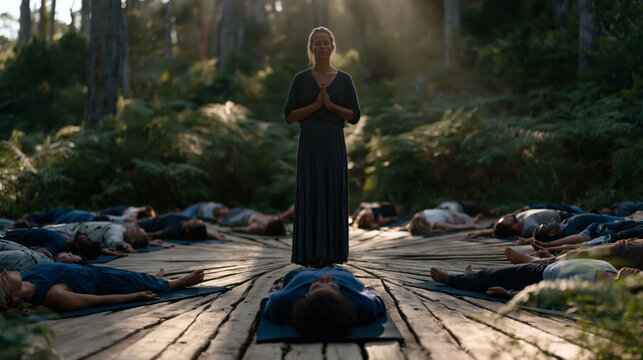 Yoga retreat participants in corpse pose on mats arranged in a radial pattern on a wooden forest platform at camp, surrounded by ferns and birdsong, the teacher standing at center with hands at hear
