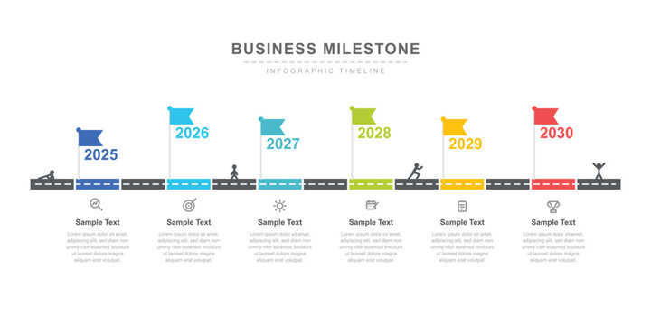 Business milestone infographic timeline from 2025 to 2030 with colorful flag markers for tracking yearly goals and long term corporate strategy