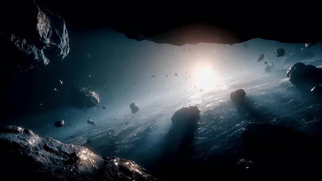 Space universe exploration, fantasy, mysterious. A vivid, atmospheric depiction of a celestial scene. The main subject is a vast expanse of water, with numerous asteroids scattered throughout.