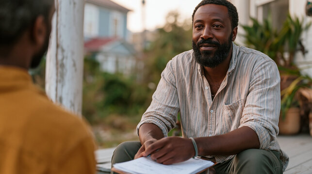 Small business owner negotiating vendor contract terms on a porch step with supplier representative, handwritten notes on clipboard, confident body language, neighborhood backdrop, ethical supply ch