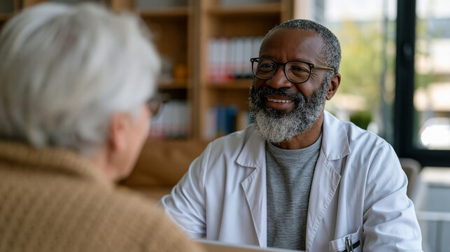 Placebo clinical trial coordinator explains consent process to elderly male volunteer across table in hospital research department, medical ethics communication and informed participation in pharmac
