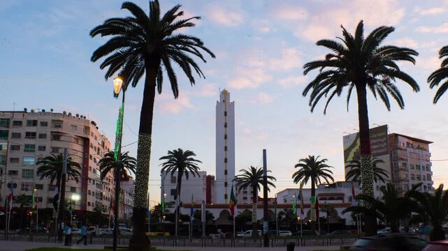 Casablanca, Morocco. View of Mosque Al Yassir in Casablanca, Morocco. Time-lapse from evening to night