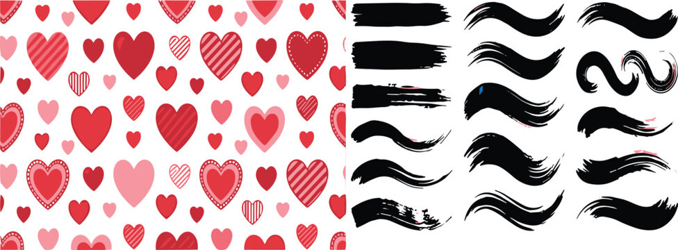 Heart pattern and black brush stroke vector design elements set