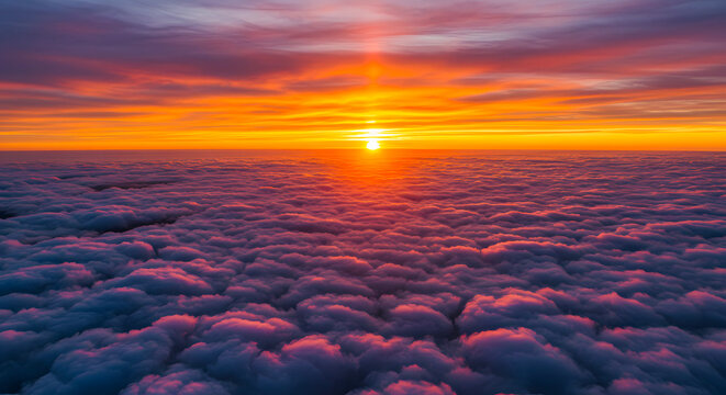 Sunrise illuminates a vast sea of clouds from an aerial perspective above the horizon line.