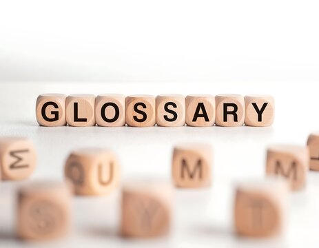 Glossary Word Blocks Displayed on White Background with Selective Focus.