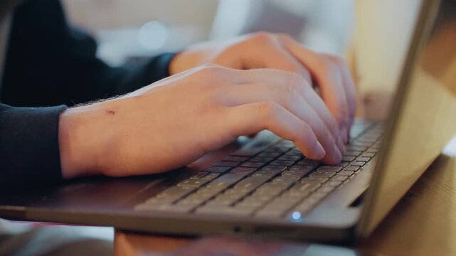 Closeup of white hands typing on laptop keyboard in cozy cafe, warm bokeh lights, paper cup at side, casual sweater sleeve, visible wrist scar, steady creative pace, focused posture