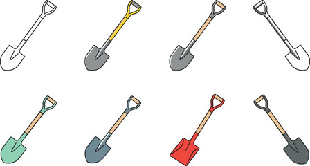 Vector set of eight colorful shovels with different handle and blade designs isolated on a neutral background for gardening, construction, and tool illustrations © MD SOJIB 