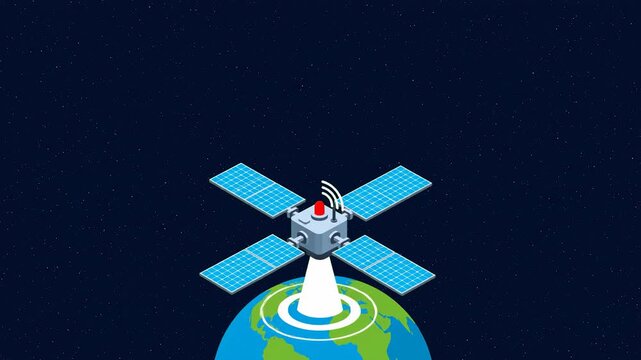 A detailed 2D isometric illustration of a space communication satellite with extended blue solar panels broadcasting data beams down toward a stylized planet Earth. The background is a dark navy blue 