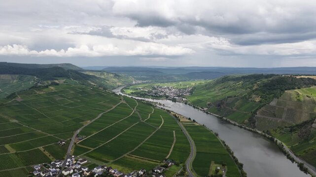 Aerial view of moselle river valley vineyards in germany