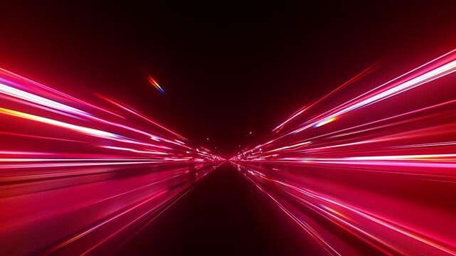 Abstract high speed light trails seamless loop, neon red motion blur background, futuristic technology data transfer, cyberpunk velocity tunnel, glowing streaks, VJ loop, energy fast time-lapse.