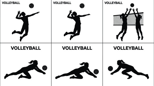 WebCollection of female volleyball player silhouettes featuring various actions including serving, jumping, blocking, and diving for sports design.