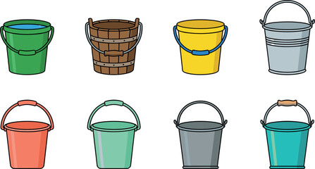 Vector set of eight colorful bucket illustrations in different styles isolated on a white background for cleaning, household, and storage designs © MD SOJIB 