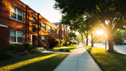 Fototapeta premium Residential apartment building reflecting warm sunlight, creating long shadows on a manicured lawn and empty sidewalk