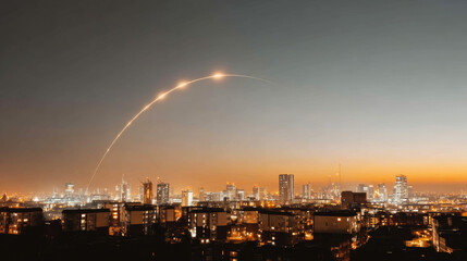 Fototapeta premium Global communication network connecting city skyline at night with glowing data transfer arc over urban landscape