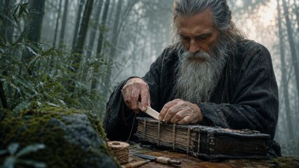 Fototapeta premium Elderly bearded artisan binds an old handmade book at a mossy workbench in a misty bamboo forest, with twine, tools, and lush wet foliage.