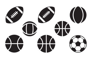 Obraz premium Collection of various sport balls and equipment black icons on transparent grid background.