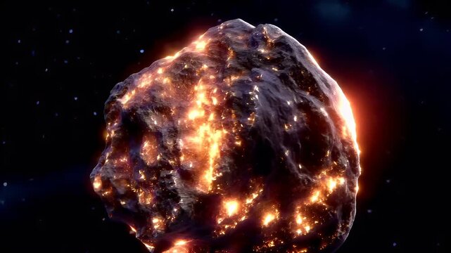 Space universe exploration, fantasy, mysterious. A vivid, highresolution digital artwork depicts a large, fiery asteroid in space. The asteroid is depicted in a dynamic pose.
