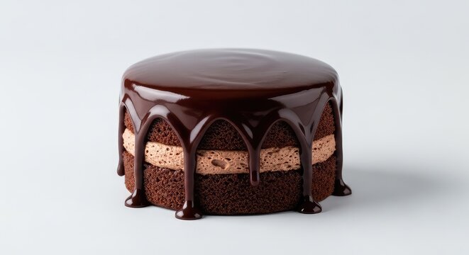 Velvety dark chocolate ganache pours over a decadent two-layer mini cocoa cake featuring a light mousse filling on a minimalist background, studio, vertical, close-up