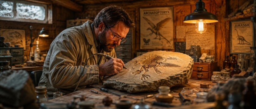 Realistic paleontologist preparing a large fossil slab with a precision tool in a warm wooden laboratory with jars, posters, and hanging lamp.