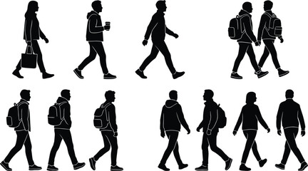 Fototapeta premium Collection of diverse people silhouettes walking and standing featuring students with backpacks, commuters, and pedestrians for urban architectural design.