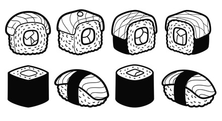 Sushi roll collection black and white line art illustration © Kawsar_Studio1998
