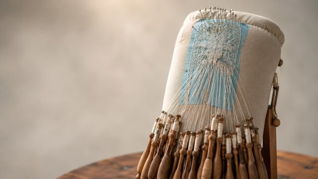 Delicate lacework pinned on a padded lacemaking pillow with wooden bobbins and white threads, arranged on a wooden table against a soft background.