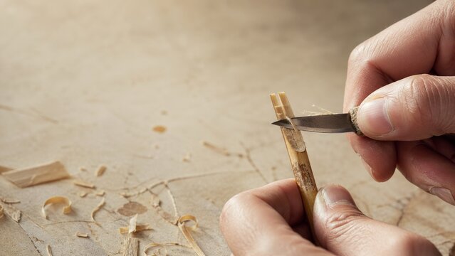 Hands carve a small bamboo piece with a sharp craft knife on a beige work surface, surrounded by pale shavings and handmade detail in close-up.